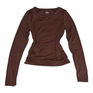 Qinsen Small Brown Double Lined Long Sleeve Top, Full Hip-Length, Side Ruching